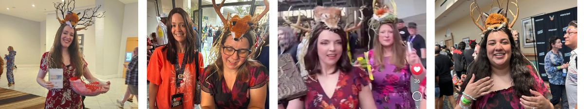 multiple woman in red dresses with antlers on their heads