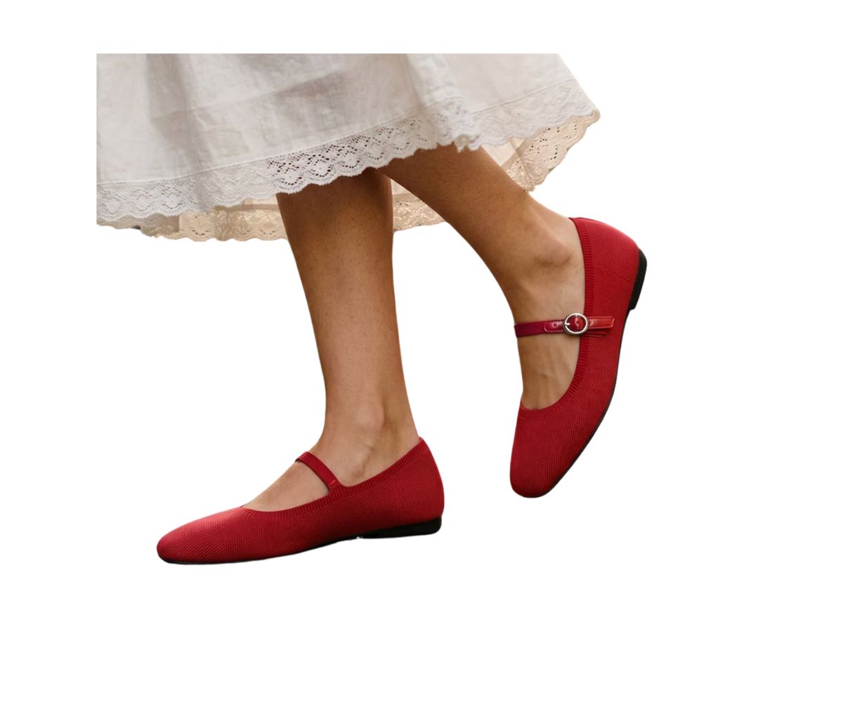red ballerina flats with straps