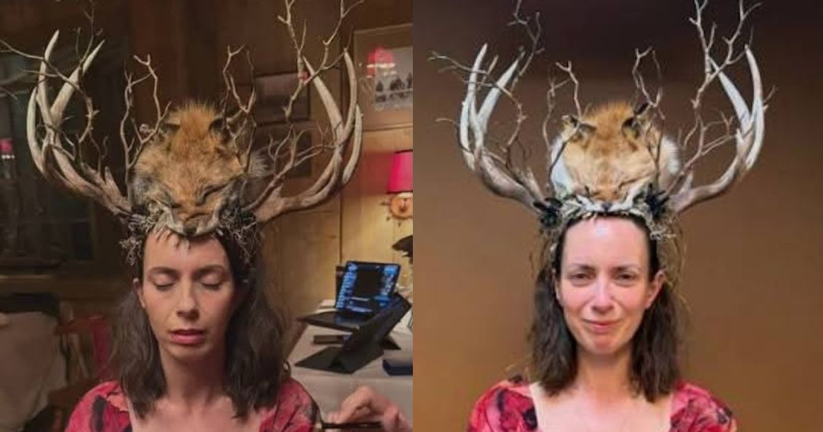 woman wearing a headpiece with antlers and a fox head