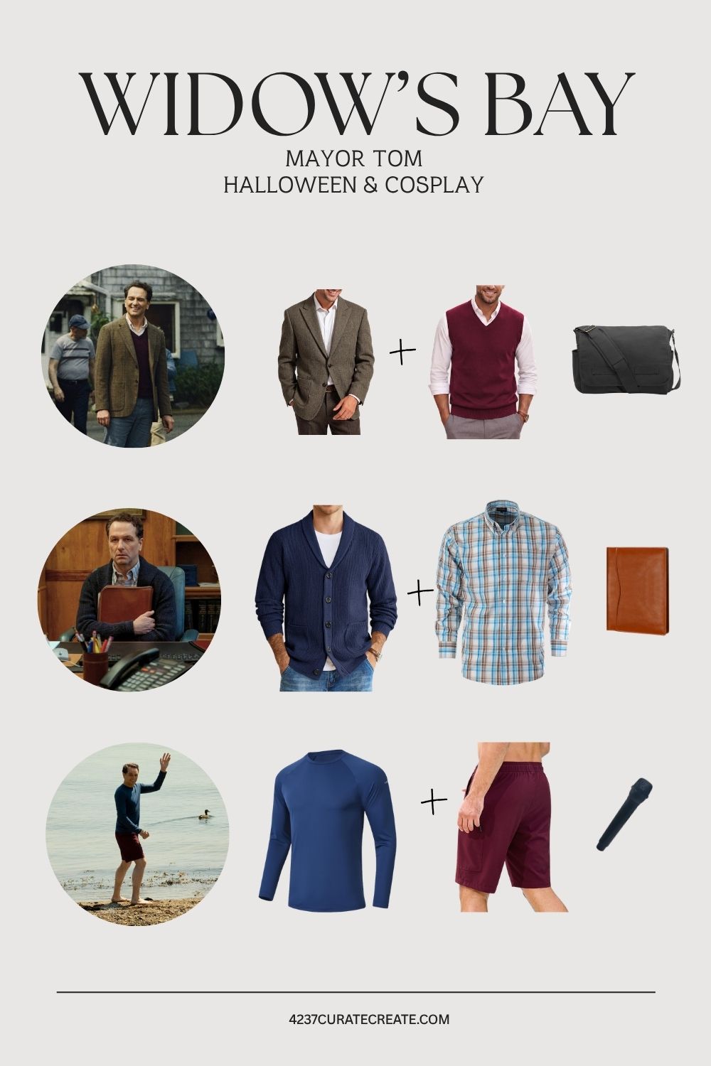 Various costumes from the show Widow's Bay for character Mayor Tom Loftis