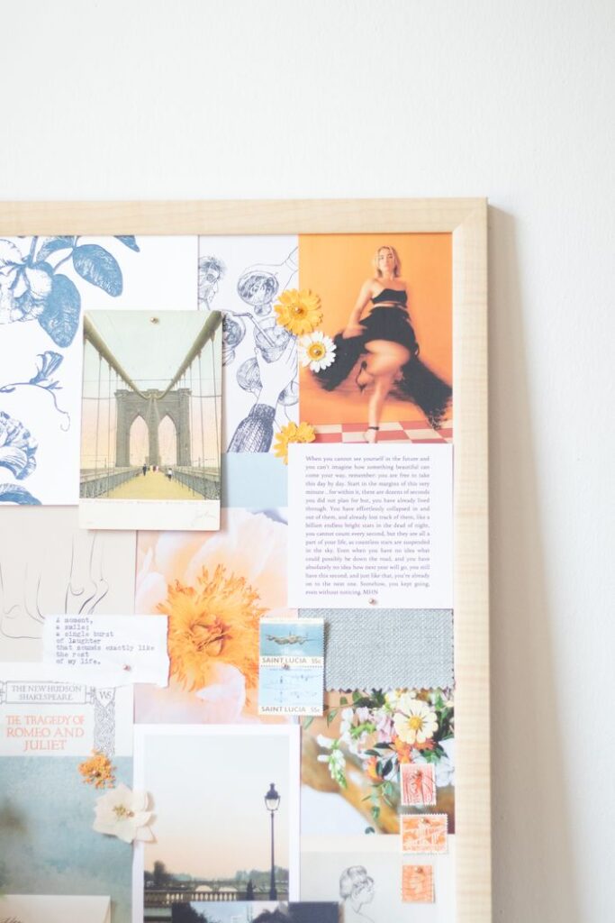 Aesthetic cork board collage featuring art prints, floral patterns, and personal photographs.